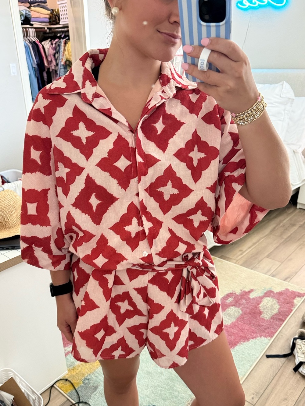 Casual Red Printed Short Jumpsuit with Tie Waist